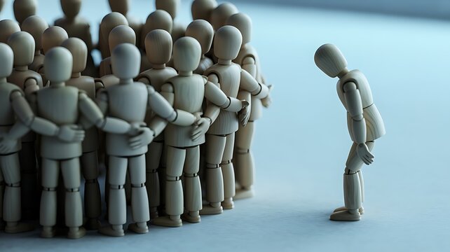 Sad wooden figure excluded from group. Concept of bullying, discrimination, isolation, loneliness, and mental health in society, workplace or school.