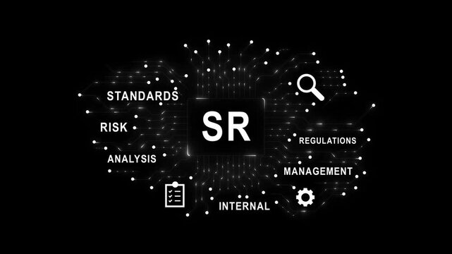 SR risk analysis standards compliance quality control concept black background with notebook pen and internal management regulations for corporate review and 4k videi...