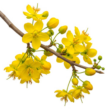 Bright yellow ochna integerrima flowers on a tree branch isolated on transparent background