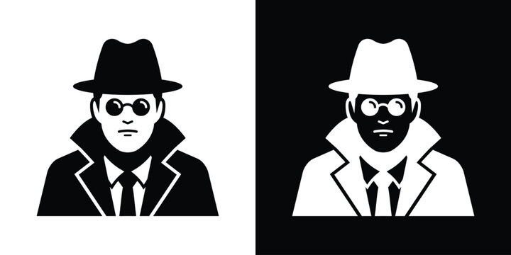 Retro-style detective vector illustration featuring an anonymous investigator with round glasses, a fedora hat, and a trench coat in black and white.