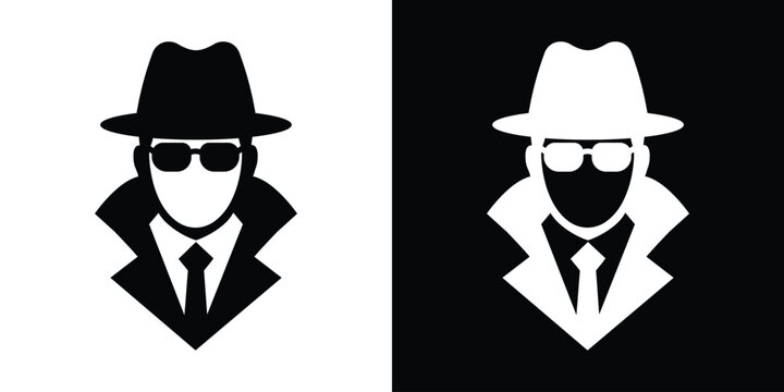 Vector avatar icon of a classic spy or secret agent wearing a fedora hat, sunglasses, and high-collared trench coat, in high-contrast black and white.