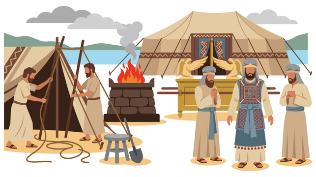 Ancient hebrew tabernacle camp with priests and levites.