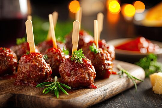 Savory meatballs in rich sauce, garnished with fresh herbs, served on wood