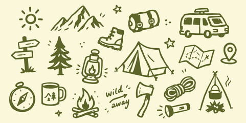 Plakat Camping Adventure Doodle Set Vector Illustration