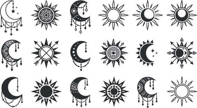Tribal celestial sun and moon vector set featuring black silhouette crescent dreamcatchers sacred geometry arrows stars and mystical ethnic ornament icons