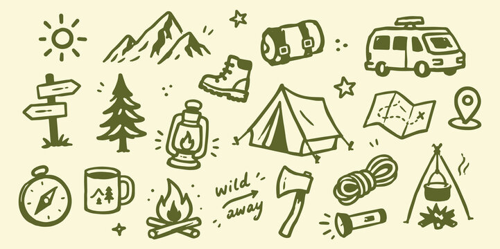 Camping Adventure Doodle Set Vector Illustration