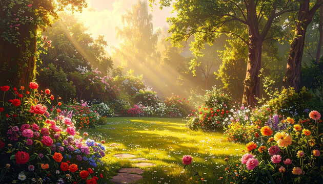 Sunlit Flower Garden Path