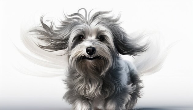 gray shaggy small dog standing windblown on white background