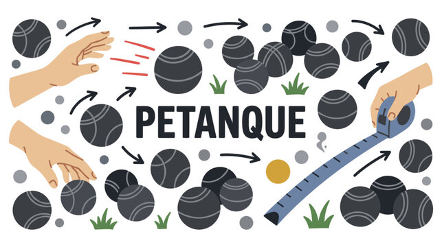Petanque game elements set with balls and hands.