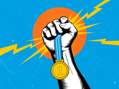 Vector illustration of a raised fist holding a gold winning medal symbolizing success, power, and sports victory