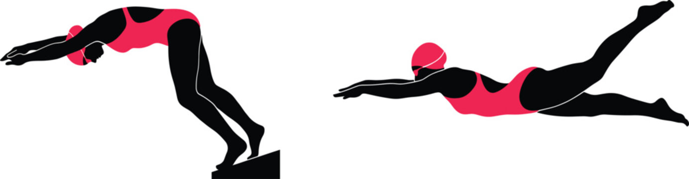 Female swimmer silhouette diving from starting block, professional woman athlete swimming vector illustration.
