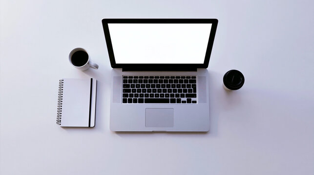 Open laptop with blank screen on white desk workspace mockup