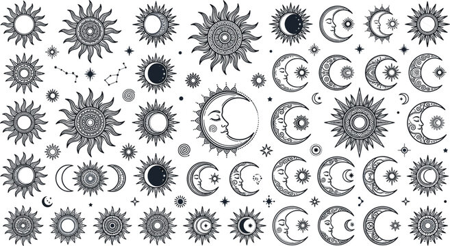Mystical celestial sun and moon vector megaset featuring vintage linework eclipse designs crescent faces stars constellations and esoteric tribal zodiac elements