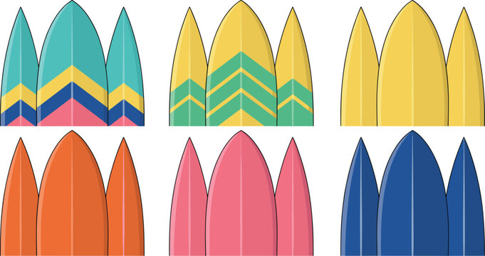 Colorful surfboard sets icons, flat style summer surfing board vector collection illustration template.