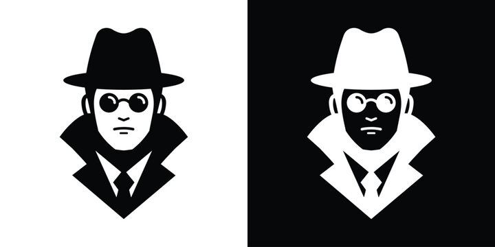Spy or detective vector icon. Man wearing a vintage fedora hat, trench coat, tie, and round glasses. Black and white split illustration representing investigation, secret agent, or private eye.