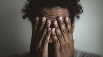 Fototapeta premium Man suffering mental health issues covering face