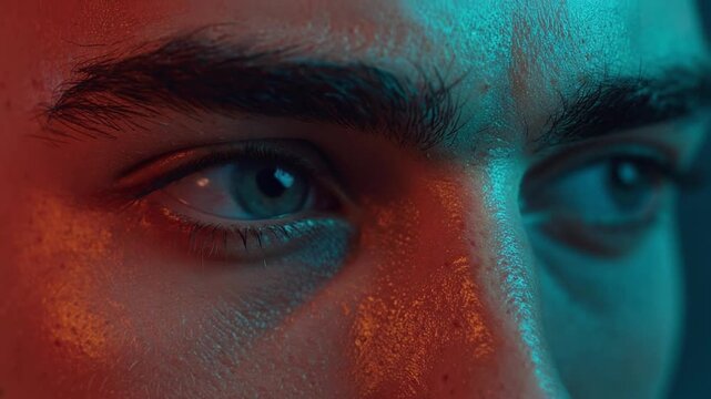Extreme close up macro shot of a man eyes with intense look under dramatic red and cyan neon lighting.