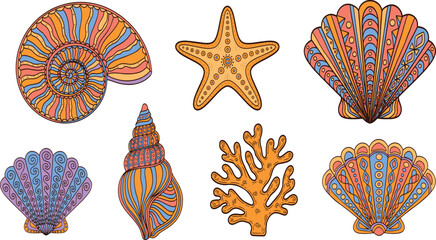 Hand drawn ornate sea shells vector collection, colorful decorative starfish coral summer element set. © RENYRANI