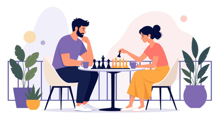 Fototapeta premium International Chess Day Two People Playing Chess At An Outdoor Café Surrounded By Potted Plants And Soft Pastel Backdrop