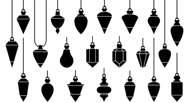Plumb bob silhouette set of hanging construction pendulums, Various plumb bob tools and hanging crystal pendulums suspended by strings, displayed as black silhouettes