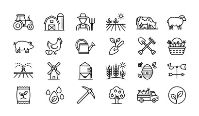 Fototapeta premium Agriculture thin line icon set with farming tools tractor and eco rural symbols