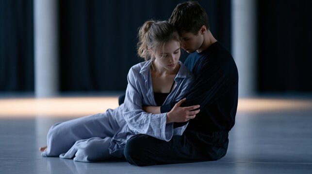 Intimate contemporary dance duet seated embrace on studio floor under soft stage lighting