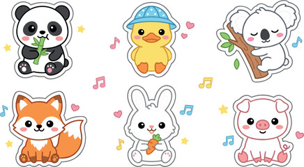 Fototapeta premium Cute Kawaii Animal Sticker Collection with Panda, Duck, Koala, Fox, Rabbit, Pig, Adorable Cartoon Characters, and Nursery Illustrations