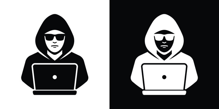 Cyber hacker working on a laptop computer. Black and white silhouette vector icon of a programmer in a hoodie and sunglasses. Concept of online data theft, piracy, and dark web hacking.