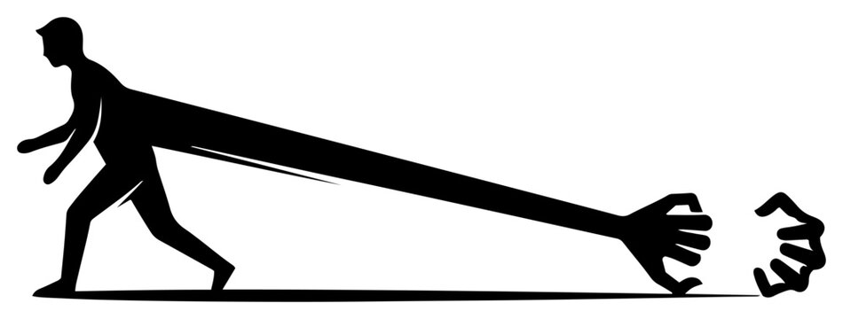 Man walking forward with long stretched arm clutching ground minimalist vector