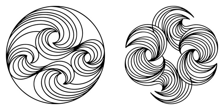 Geometric wave patterns in circular and floral shapes in abstract minimalist line style