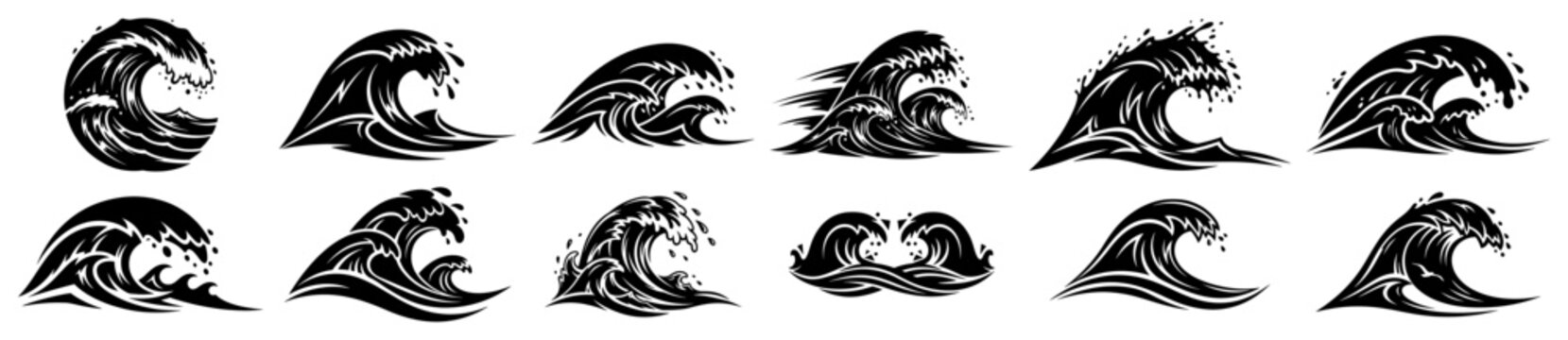 Ocean wave icons set with splashing water in Japanese ukiyo-e minimalist style
