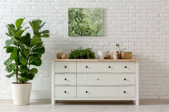 Green houseplant on commode and painting hanging at white brick wall in living room
