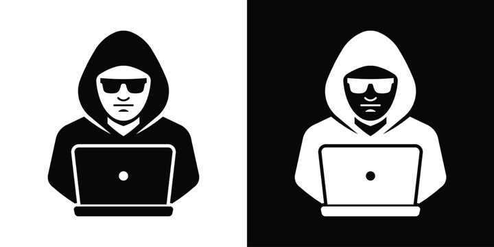 Cyber hacker working on a laptop computer. Black and white silhouette vector icon of a programmer in a hoodie and sunglasses. Concept of online data theft, piracy, and dark web hacking.