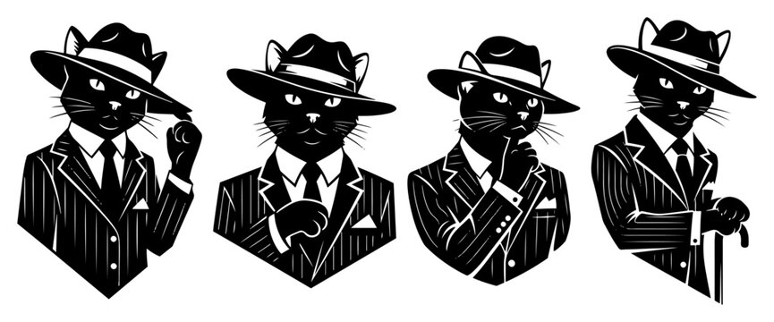 Cat characters wearing suits and fedora hats in noir detective style