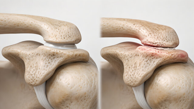 Acromioclavicular Joint Arthritis Comparison, Normal Shoulder Anatomy and Distal Clavicle Irritation 3D Medical Illustration