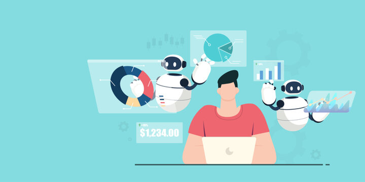 Man manages stock portfolio using laptop and AI robot financial assistant bots.A man sits at a laptop managing his stock investment portfolio with the help of two AI robot assistants displaying financ