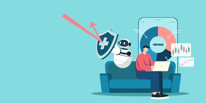 AI robot protecting investor stock portfolio from market crash, A man sits on a couch working on a laptop, while an AI robot uses a shield to deflect a downward market trend arrow, protecting a mobile