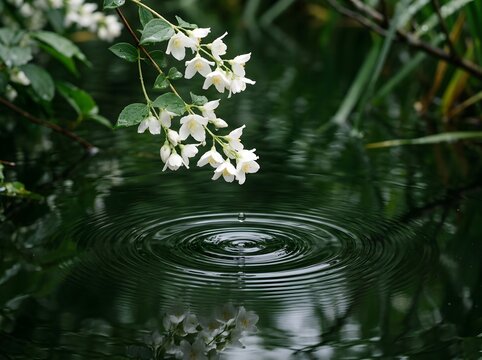 White flowers hanging over dark water surface with ripple effect, reflection