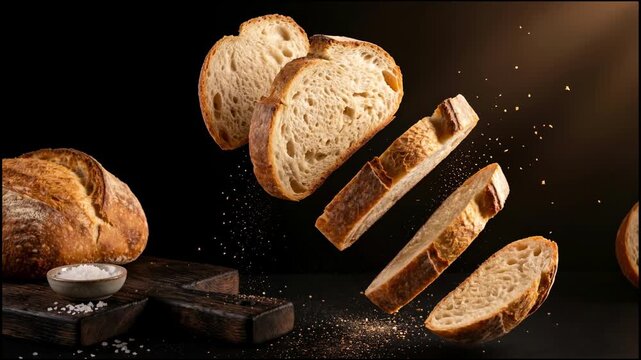 Slow motion footage of freshly baked rustic sourdough bread slices flying and floating dynamically in mid air with falling crumbs against a dramatic dark studio background.