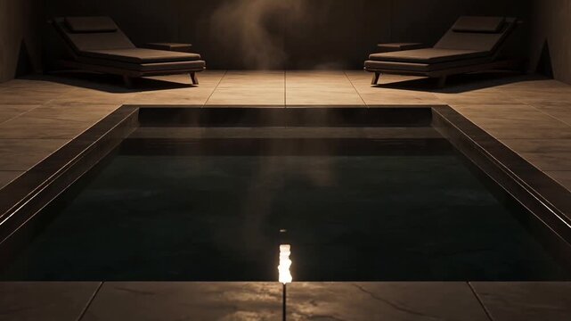 Luxurious indoor spa pool steaming at night for relaxation and wellness. Warm and moody atmosphere in a dark, exclusive resort with modern minimalist interior design