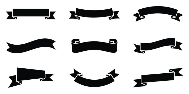 Set of nine vintage ribbon banners and decorative scrolls
