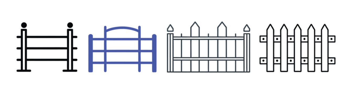 Fence vector icon set featuring boundary line symbols in thin outline style for UI design, property borders, and editable stroke illustrations.