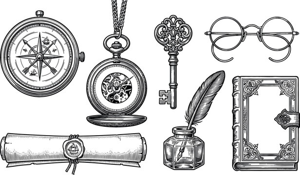 Vintage Exploration and Antique Objects Collection with Compass, Pocket Watch, Ornate Key, Quill Pen, Leather Journal, Diploma, and Historical Elements