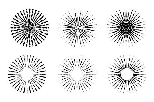Abstract radial halftone sunburst circle pattern vector collection set