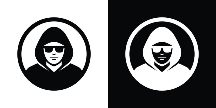 Hacker or anonymous person icon in circle frame. Black and white vector avatar silhouette of a man wearing a hoodie and sunglasses. Minimalistic cybersecurity and privacy concept logo.