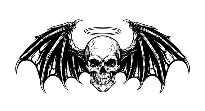 Human skull with bat wings and a halo icon