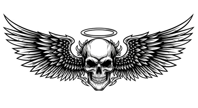 Human skull with majestic angel wings and halo symbol