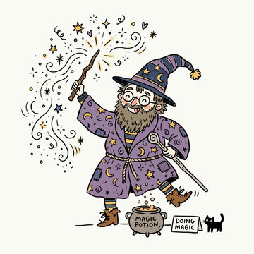 Funny cartoon wizard doing magic with wand and potion, black cat nearby.
