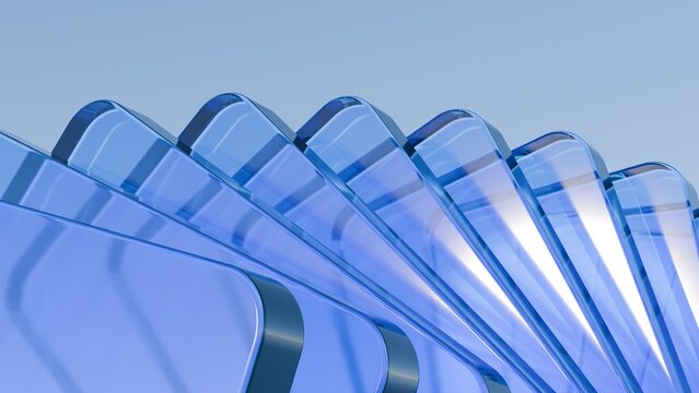 Abstract 3D render of layered blue glass panels overlapping in a fan pattern. Minimalist futuristic background with reflections and light