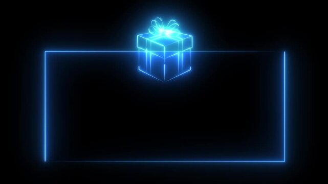 glowing neon gift box frame icon on black background. Neon gift boxes and rectangular frame icon. frame holding gift boxes, perfect for holidays or special 4k video...